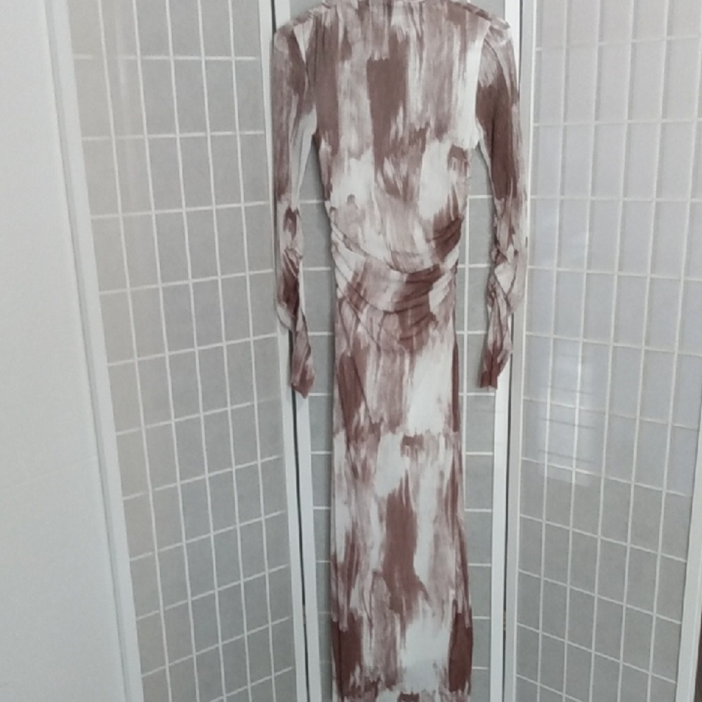 Commense Brown and White Brushstroke Maxi Dress Women's XS -Long  Ruched Sleeves - Picture 15 of 15